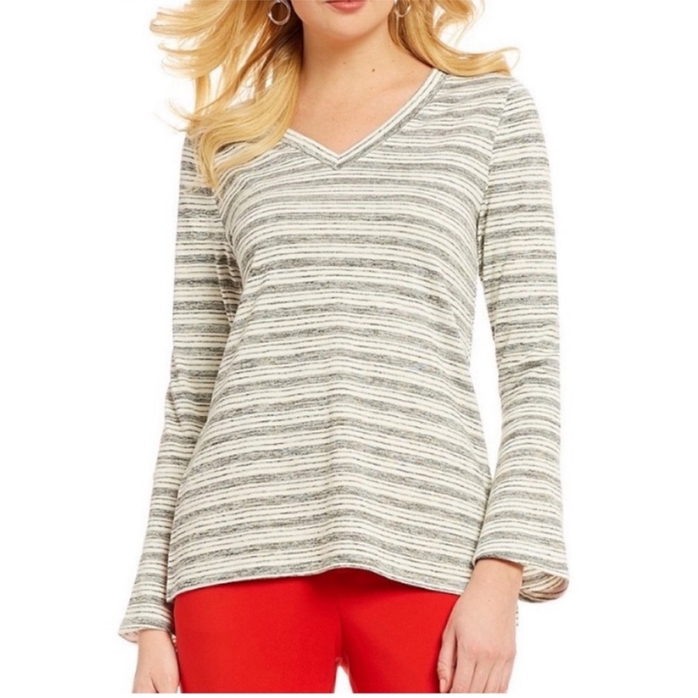 GIBSON LATIMER Womens Gray White Striped V-Neck Long Sleeve Knit Top Small